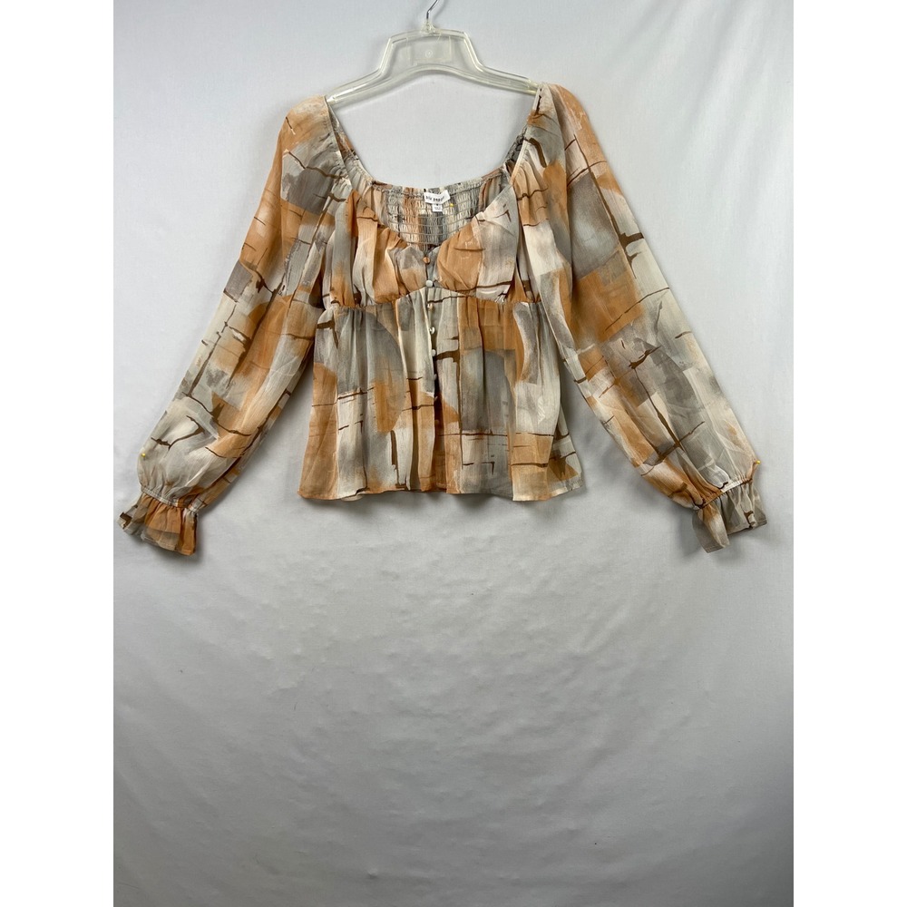 Blu Pepper Blouse Womens Small Rust Abstract Smocked Balloon Sleeve Top Peplum